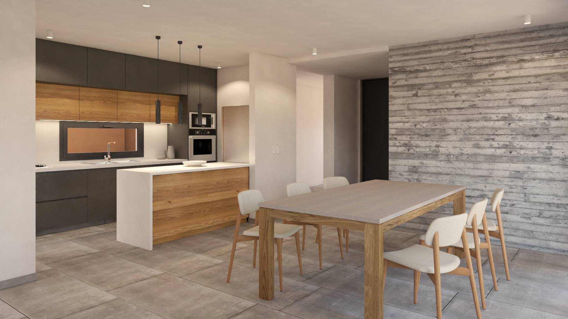 Comedor moderno con cocina integrada