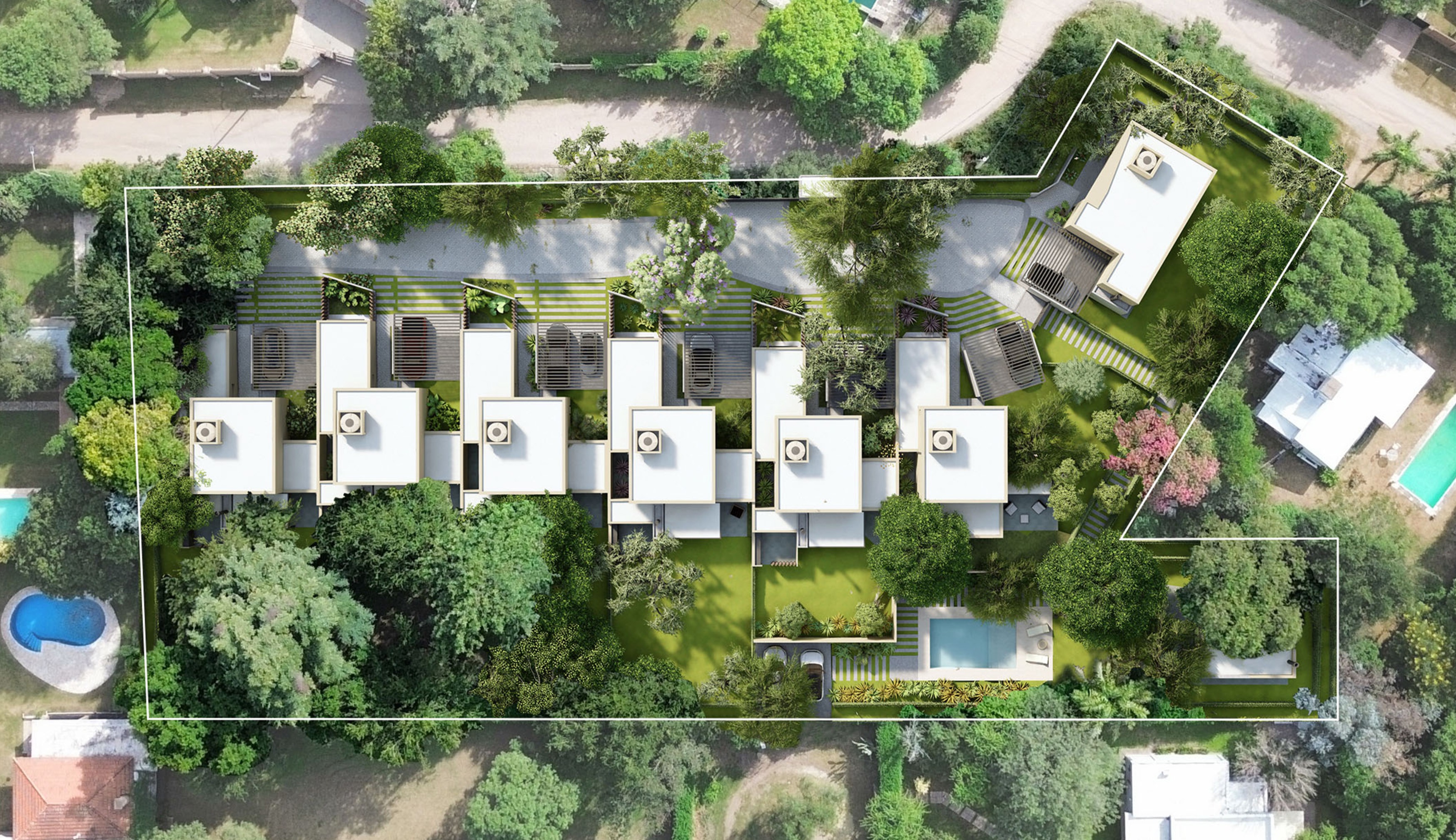 Vista aérea del masterplan de TALERITO Housing mostrando la distribución de las 7 casas y áreas comunes